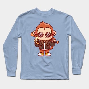 Cute Cool Monkey With Baseball Bat With Jacket And Banana Cartoon Long Sleeve T-Shirt